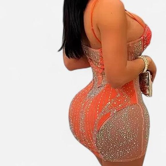 β¨ Orange Rhinestone Mesh Mini Dress - Picture 5 of 5